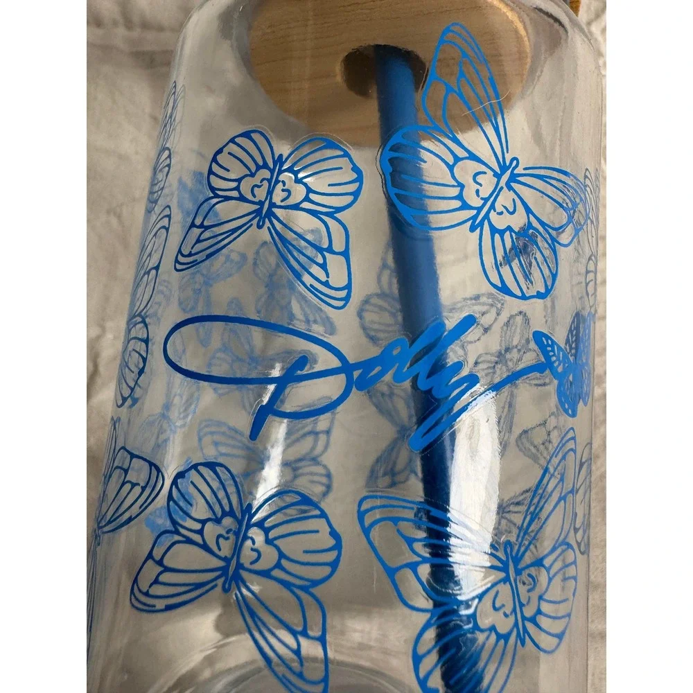 Dolly Parton Blue Butterfly NEW Glass Can Tumbler with Bamboo Lid and Straw 16oz